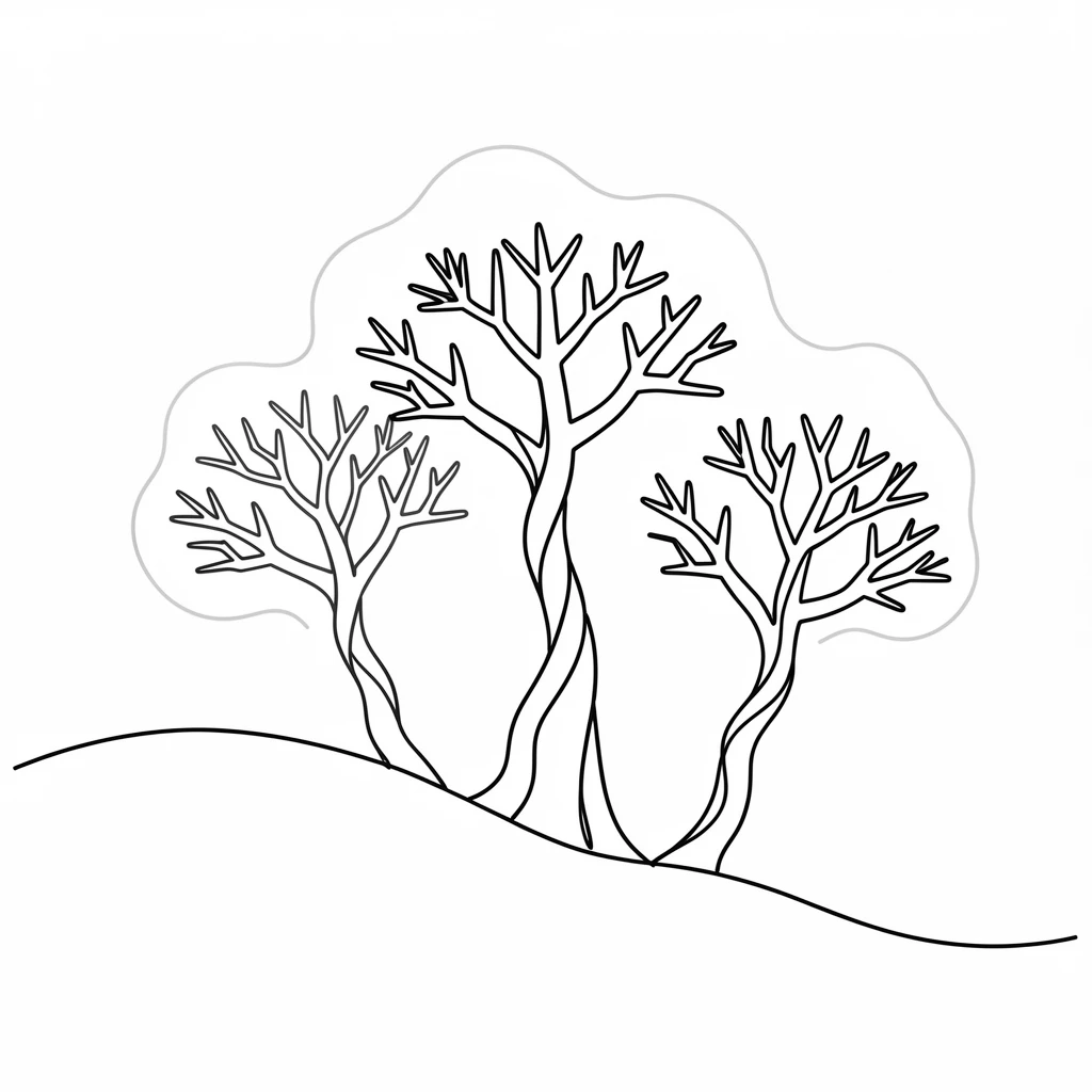 A cluster of monkey puzzle trees rising oddly from a foggy hillside
