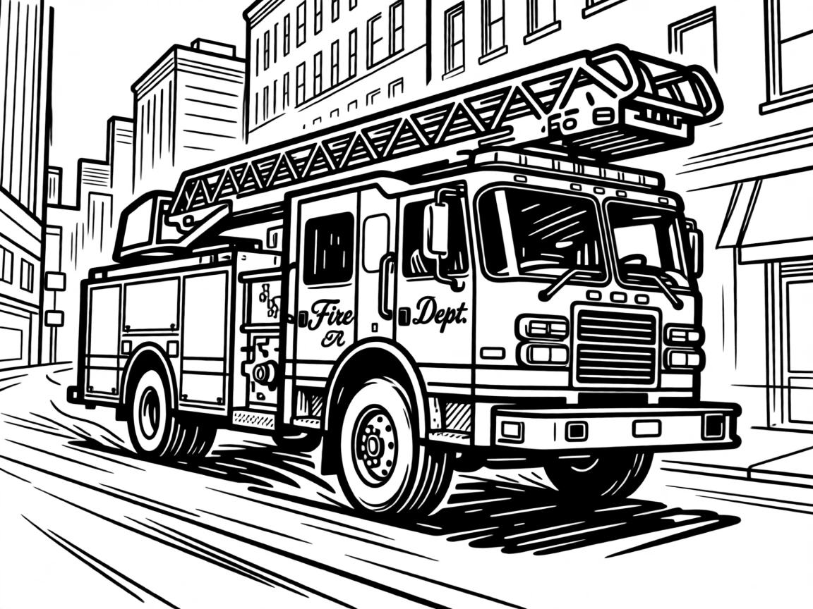 A rugged fire engine racing down a city street with lights flashing.
