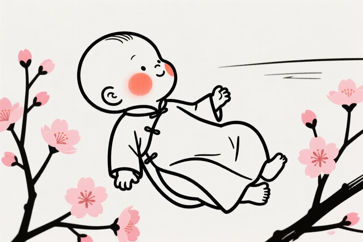 A newborn baby of Egyptian heritage wearing a Vietnamese ao dai, looking hopeful toward the horizon, in a blooming cherry blossom garden.