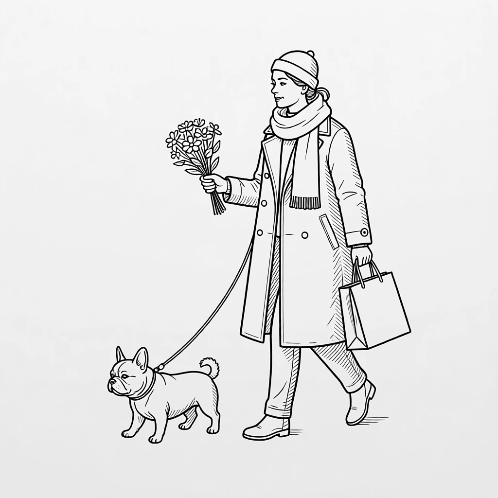 Minimalist illustration of a woman in winter attire walking with a small dog, holding flowers and a shopping bag, on a plain background.