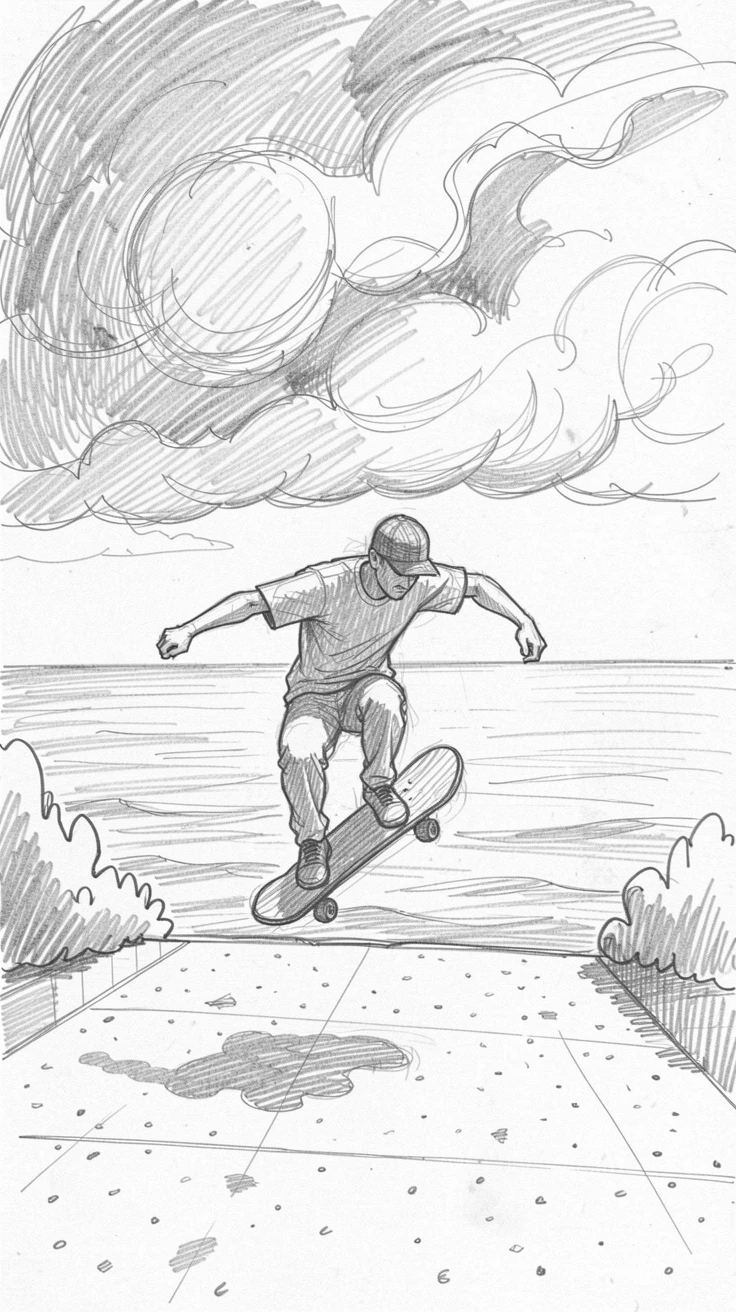 An energetic scene of a skateboarder catching air at a sunlit park on an open ocean horizon, with dramatic clouds rolling in overhead.