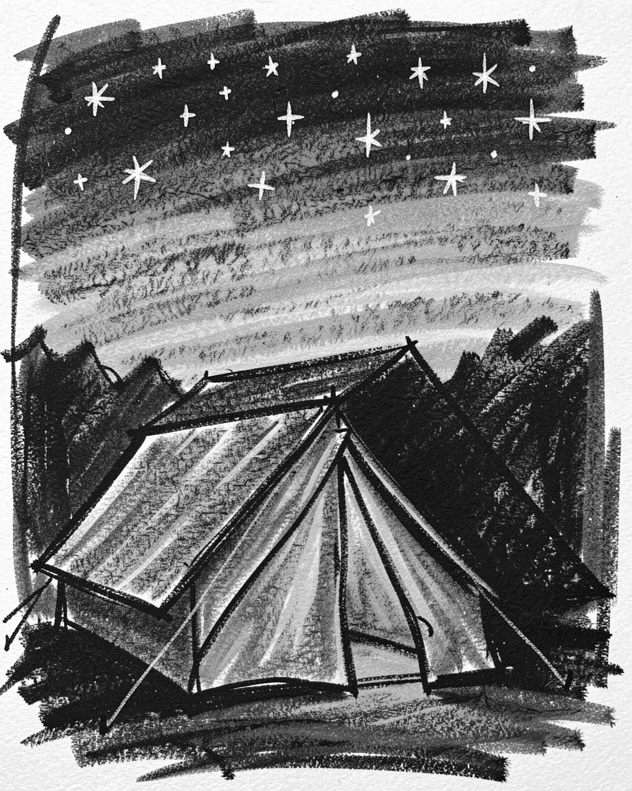 A camper's tent glowing warmly beneath a starry sky, beneath a sky streaked with sunset colors.