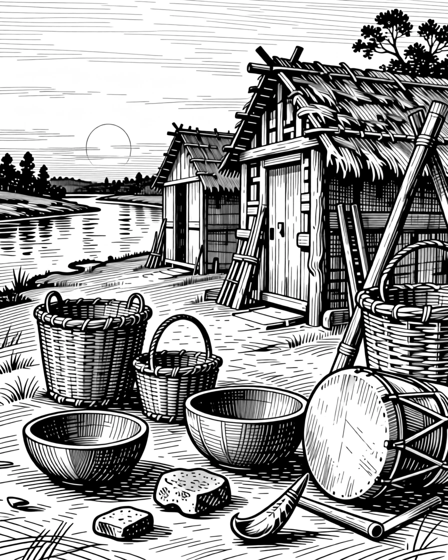 A native american village beside a river at dawn beneath a sky glowing with the colors of dusk, with traditional tools laid out with care, portrayed in a timeless and reverent historical scene.