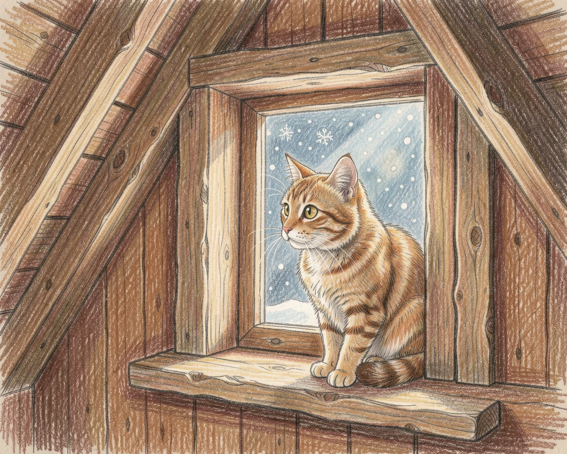 A cozy attic window with a cat watching falling snow, with rich, inviting textures throughout the scene, perfect for anyone drawn to gentle, heartfelt imagery.