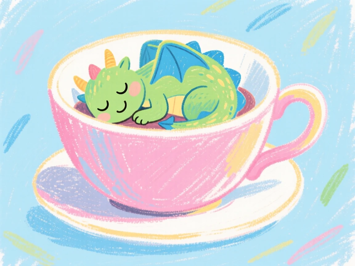 A tiny dragon curled asleep inside a teacup.