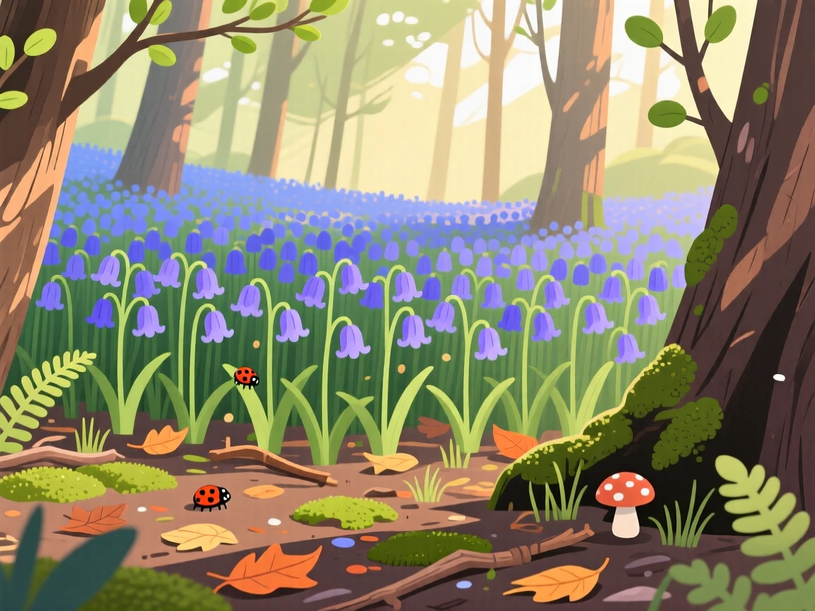 A field of blooming spring bluebells carpeting a forest floor, surrounded by natural seasonal textures and light, arranged with a cheerful, seasonal charm, with charming small details that evoke the season perfectly.