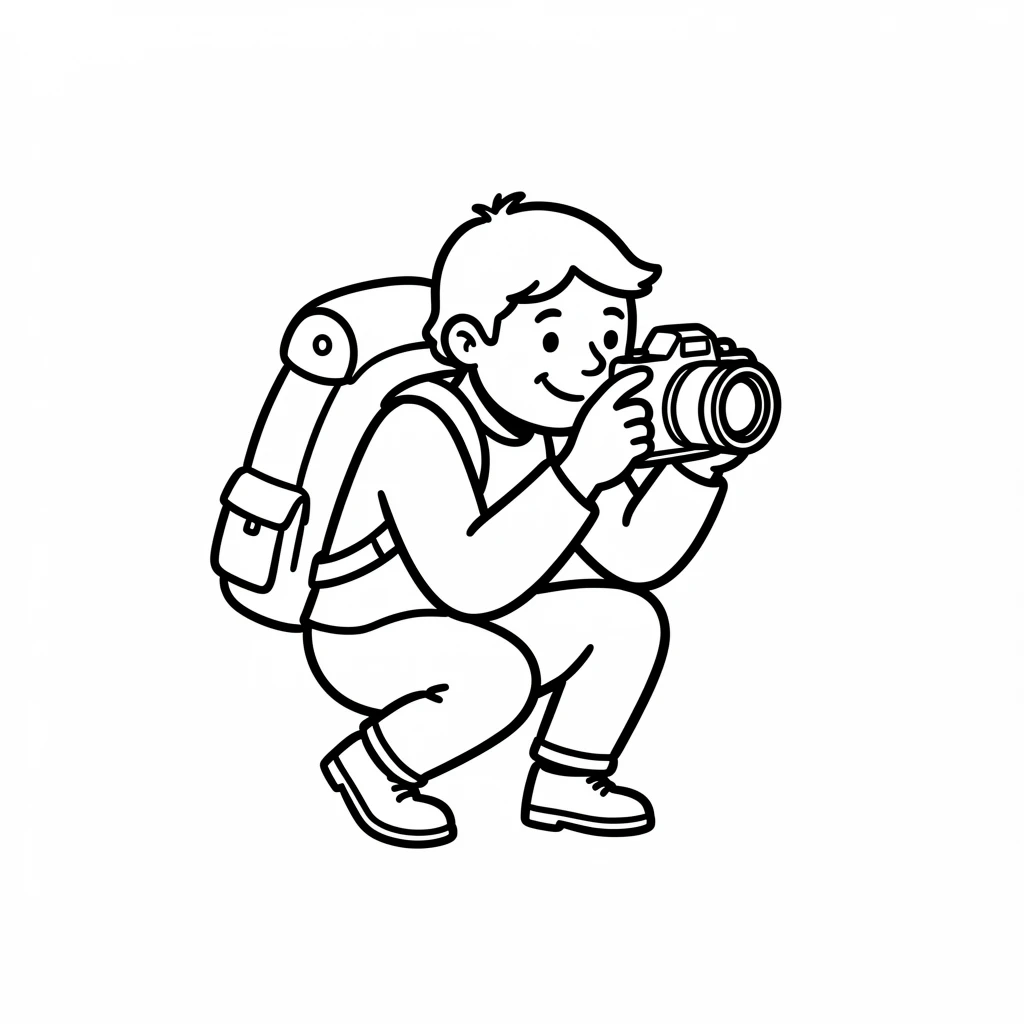 Cartoon illustration of a traveler with a camera and backpack, crouching to take a photo. Simple black-and-white design with bold outlines.