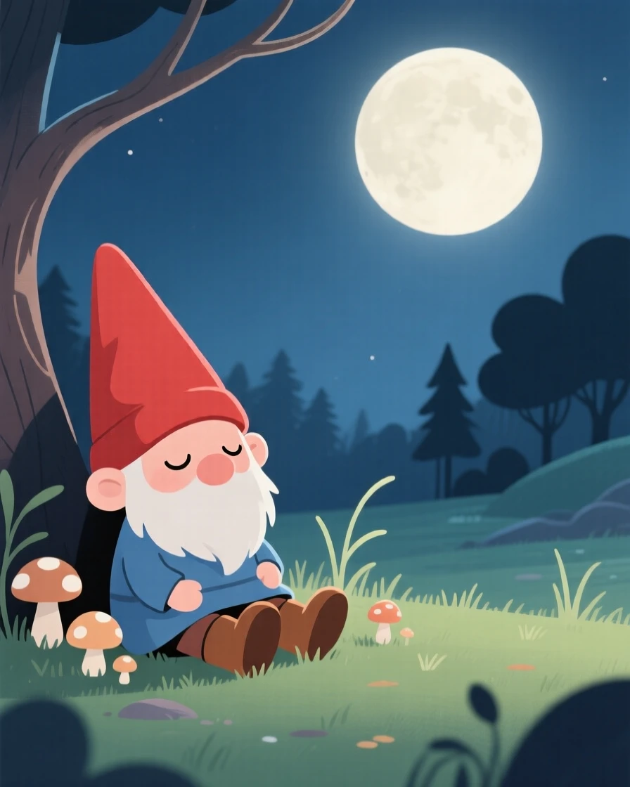 A tiny gnome resting quietly near a moonlit clearing.