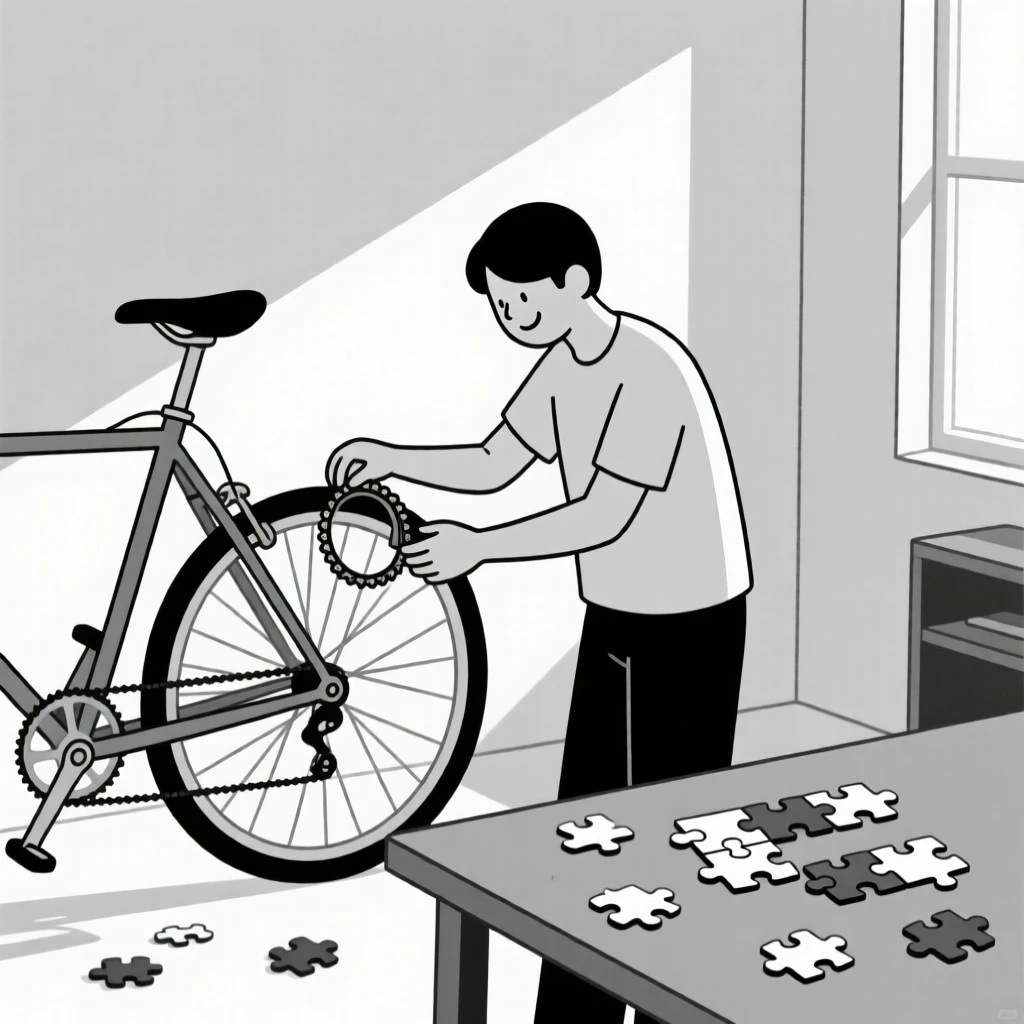 A person repairing a bicycle in a sunlit studio, surrounded by a half-finished puzzle, showing joyful discovery.