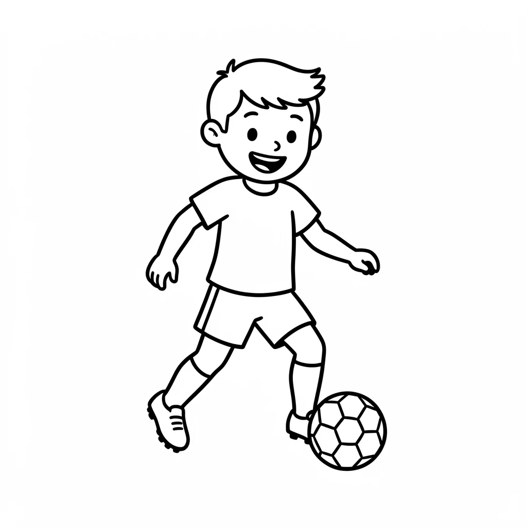 Cartoon-style black-and-white illustration of a soccer player with a ball, wearing a t-shirt, shorts, and cleats, on a plain background.