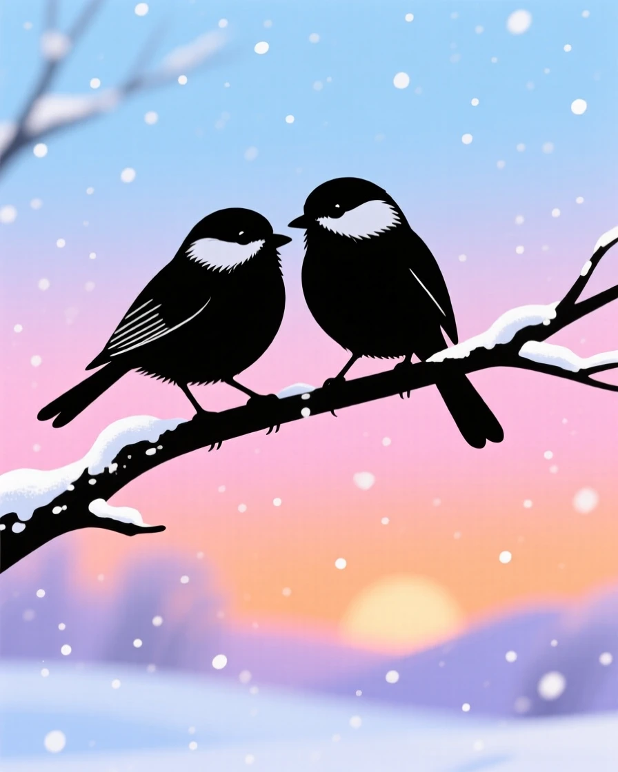A pair of chickadees perched together on a snow-dusted branch.