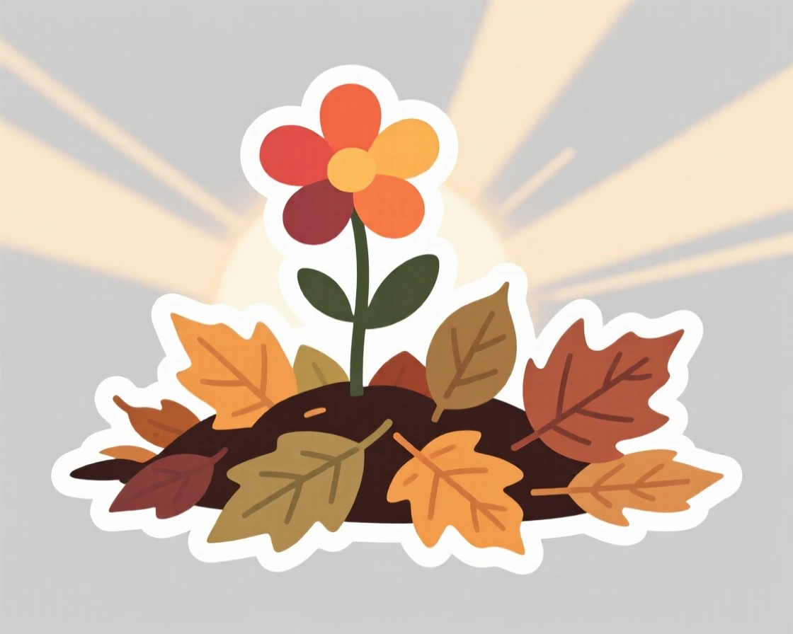 A tenderly hopeful scene of a single flower blooming through a pile of autumn leaves, framed by soft rays of morning sun, marking the start of something meaningful.