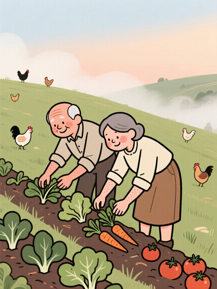 A elderly couple tends rows of fresh vegetables on a hillside field as chickens wander nearby and the morning mist begins to lift.