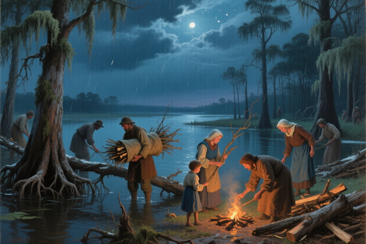 An expansive vista of villagers gathering firewood before an approaching winter storm, in the Louisiana bayou, under the night sky.
