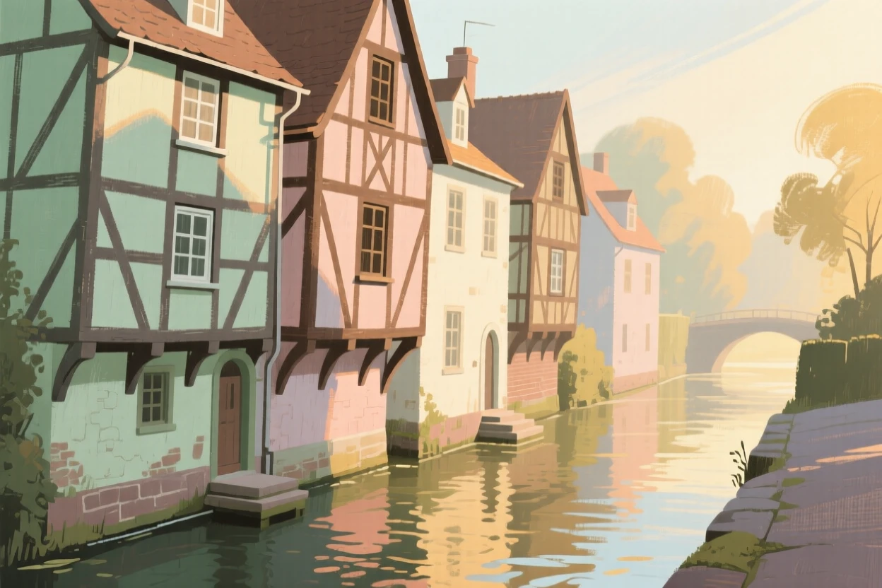 A row of half-timbered houses leaning gently over a narrow canal