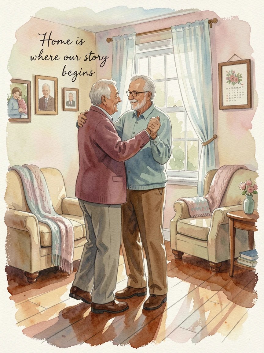 Grandparents dancing together in their living room surrounded by a comforting, familiar setting.