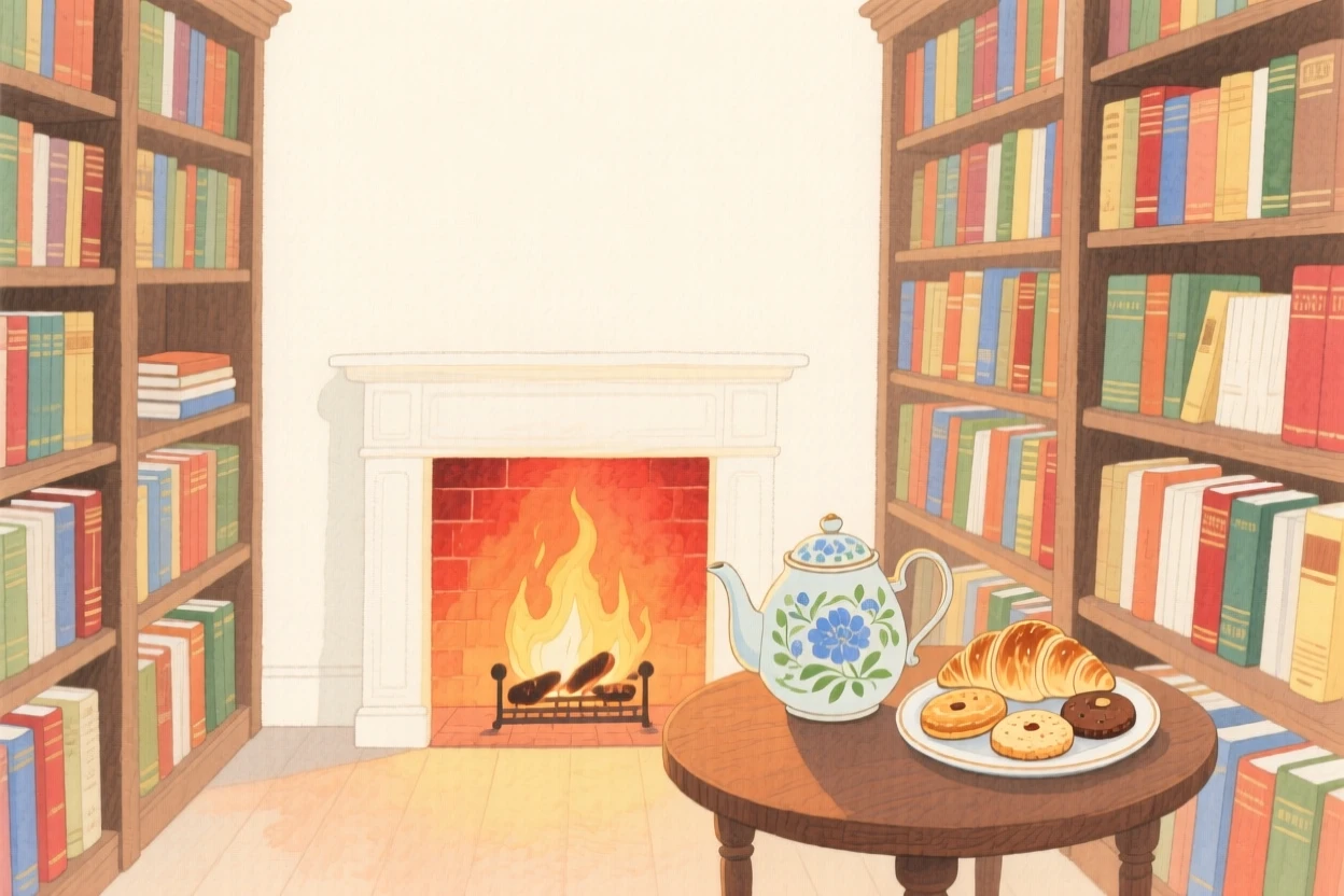 A charming view of a book-lined study, with a fire crackling softly in the hearth, featuring a vintage teapot and a plate of pastries