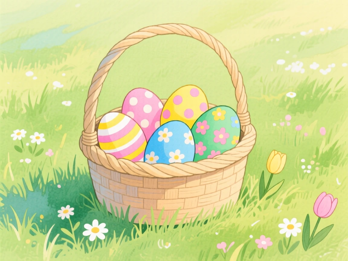 An Easter basket filled with painted eggs in spring grass, filled with seasonal charm.