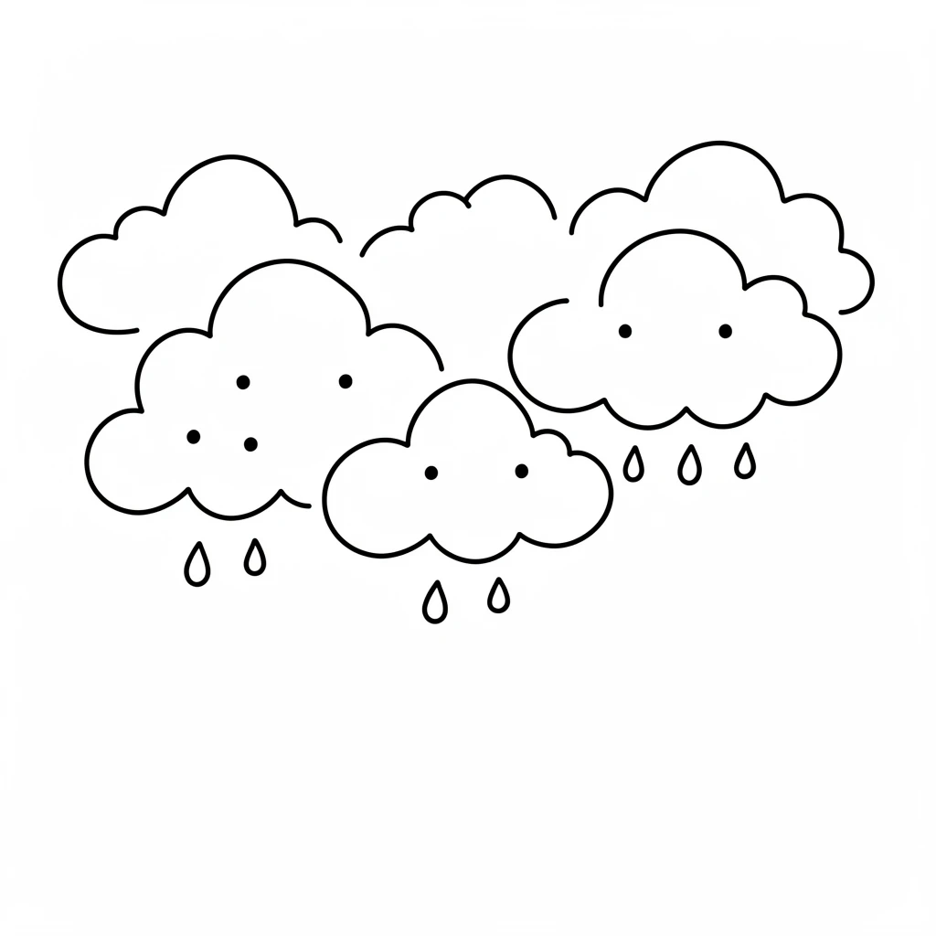 Cute black-and-white illustration of clouds, some raining, perfect for cheerful and playful designs.