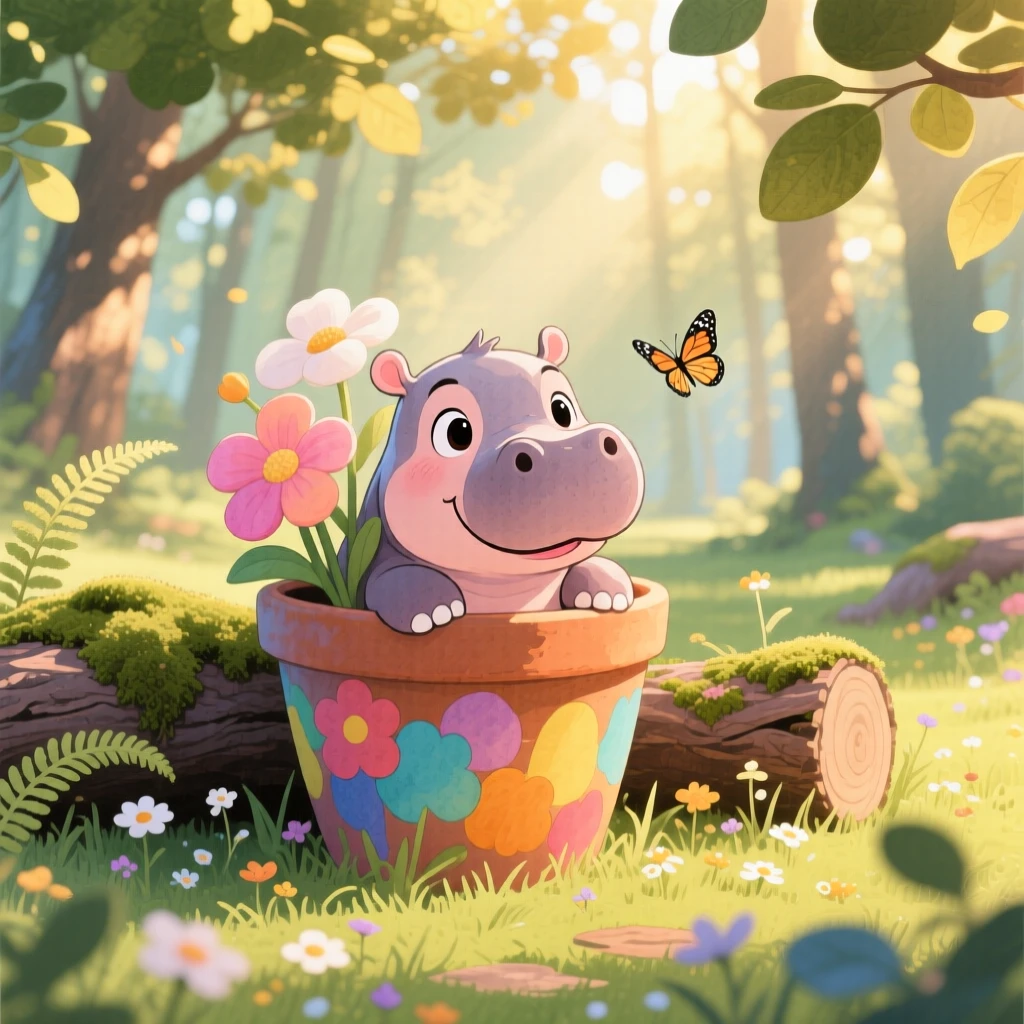 A baby hippo peeking out from behind a flower pot, set in a quiet forest clearing dappled with sunlight, brimming with cozy comfort.