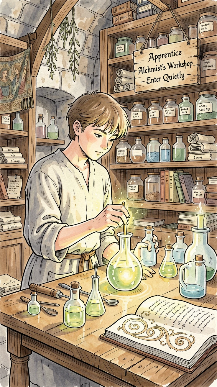 A young apprentice mixing glowing potions in a cluttered alchemy tower, the atmosphere charged with quiet, ancient magic.