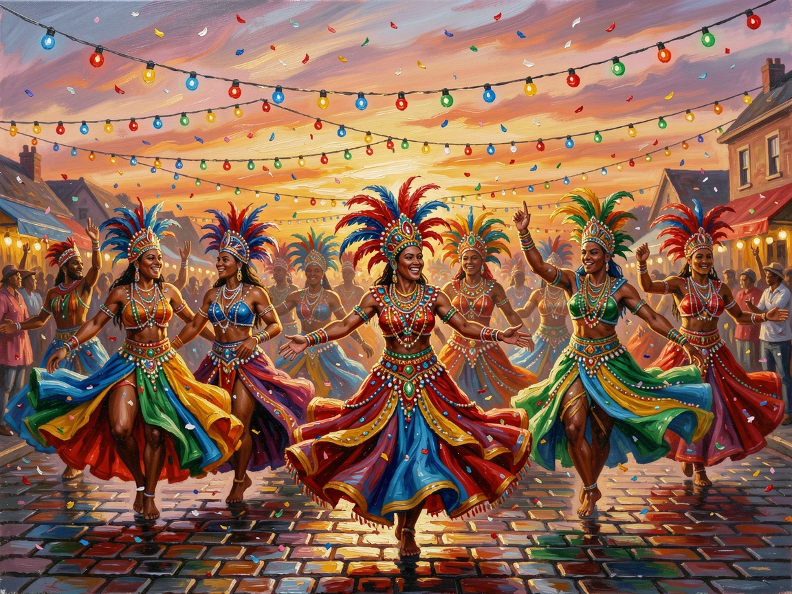 A colorful street parade with dancers in vibrant costume, beneath strings of colorful lights crisscrossing overhead, confetti drifting through the air, as the sun sets behind the festival grounds.