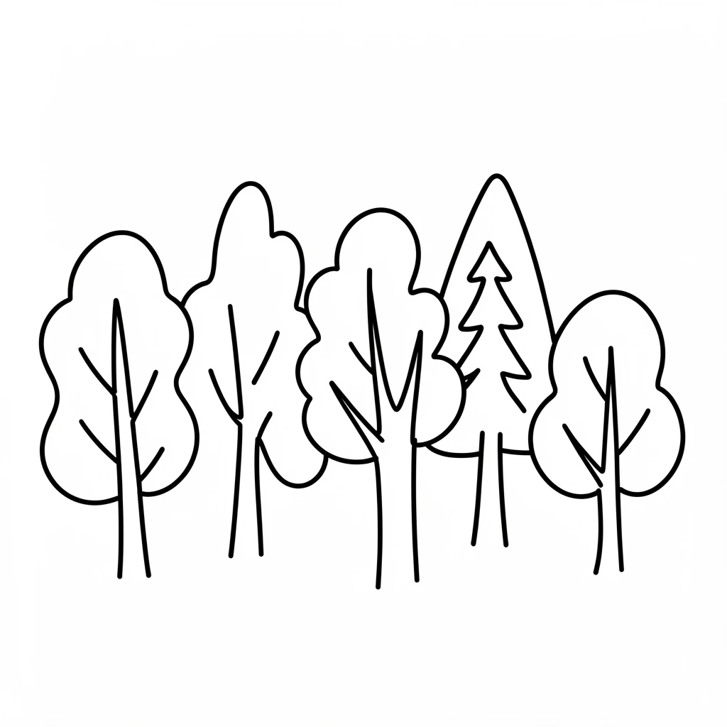 Whimsical black-and-white illustration of trees in a playful, minimalistic style, perfect for cheerful and creative designs.