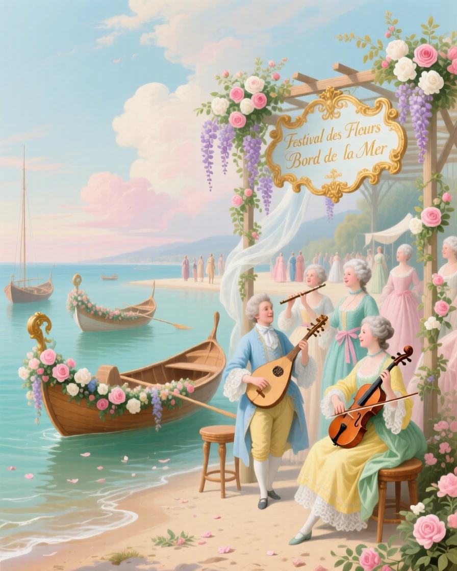 A seaside festival with flower-decorated boats and musicians on the shore  