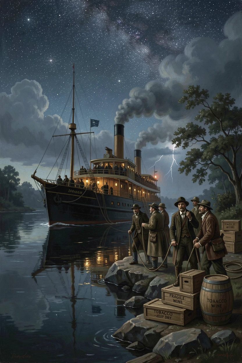 A steamship unloads its cargo during calm waters under a starlit sky while the crew braces for the worst.