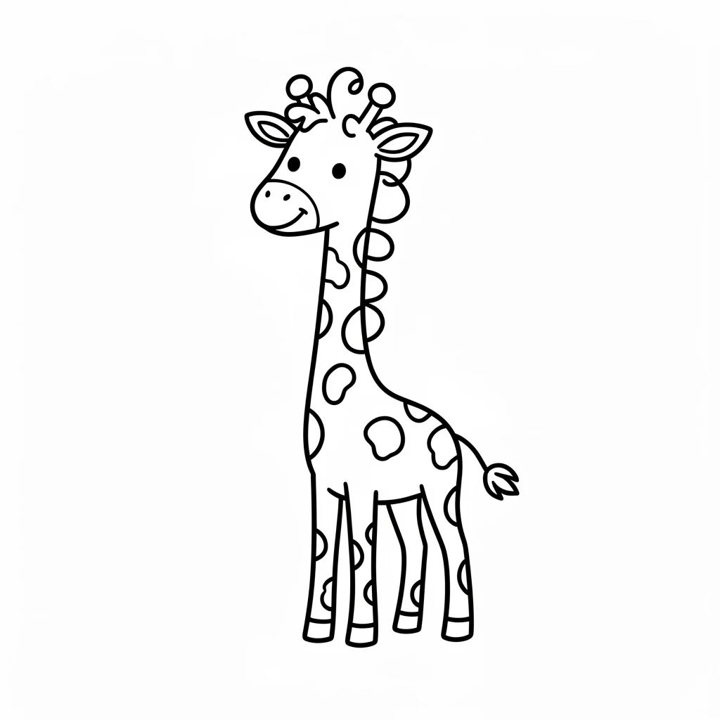 A cute black-and-white cartoon giraffe with spots and a curly mane, drawn in a simple and playful style on a white background.