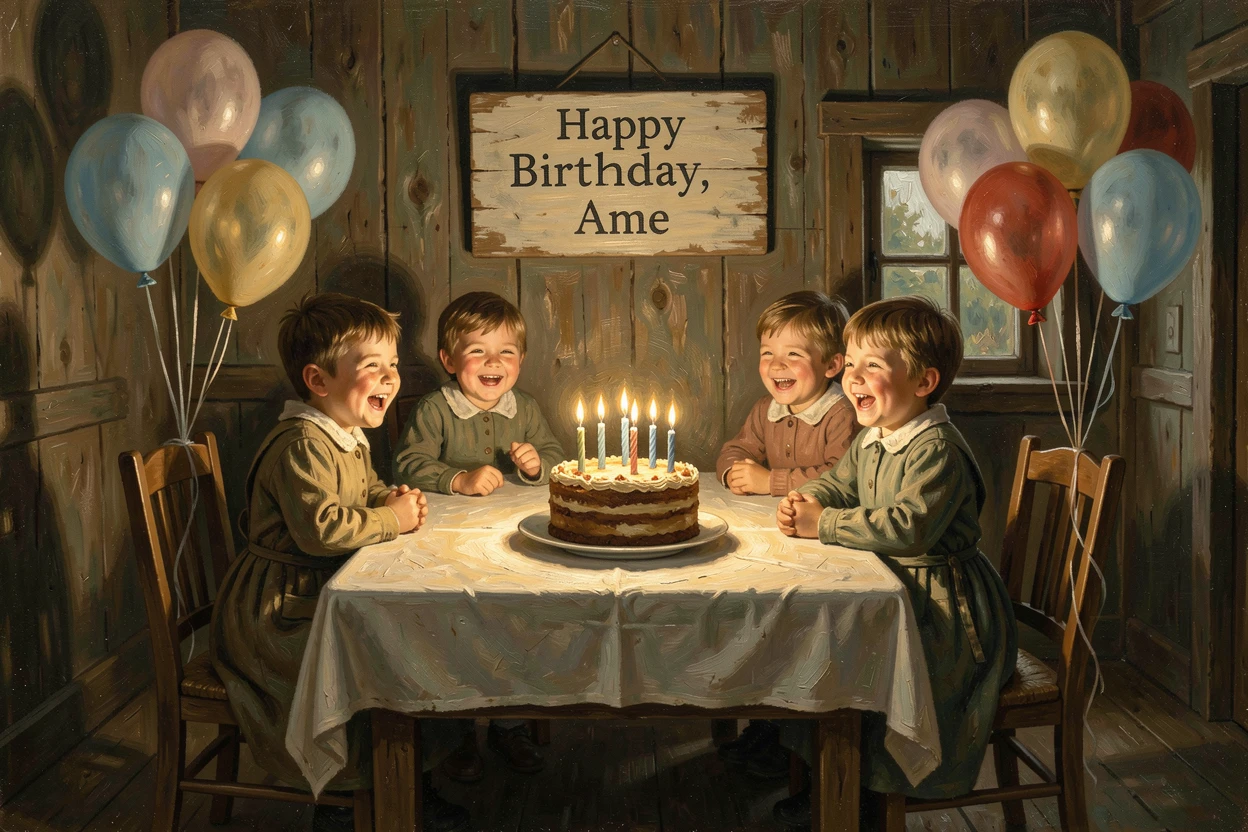 A festive birthday party with balloons, cake, and joyful children, with warm, inviting light glowing throughout the scene, capturing the warmth, joy, and magic of the season