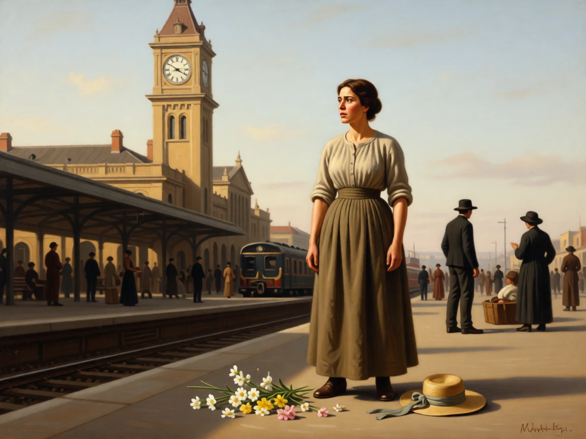 A fisherman's wife scanning the horizon for a returning boat in the raw, unguarded instant emotion breaks through, set at a crowded railway platform beneath a clock tower, with scattered flowers and a fallen hat marking the moment; the composition uses negative space to emphasize the distance just closed, capturing love that has endured distance and time.