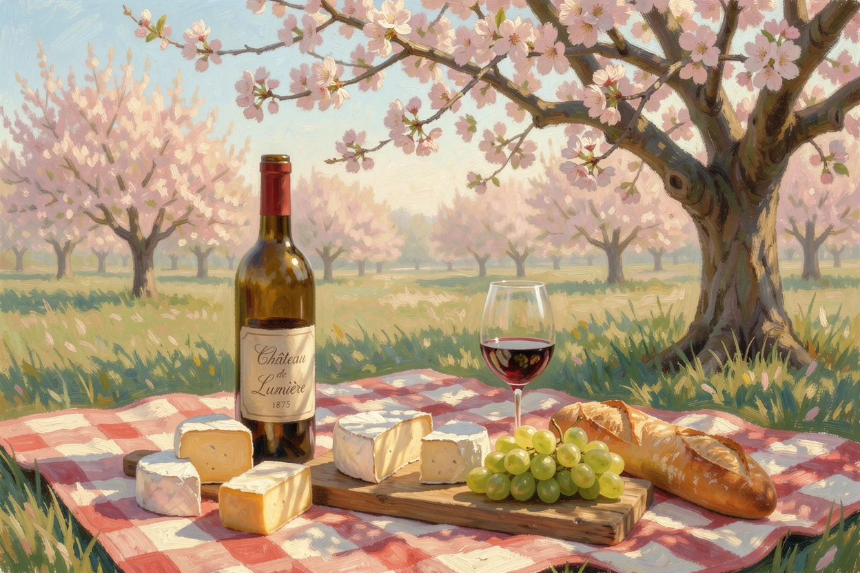 A rustic wine and cheese picnic laid out on a checkered blanket beneath a blossoming orchard tree, capturing a fleeting moment of pure happiness.
