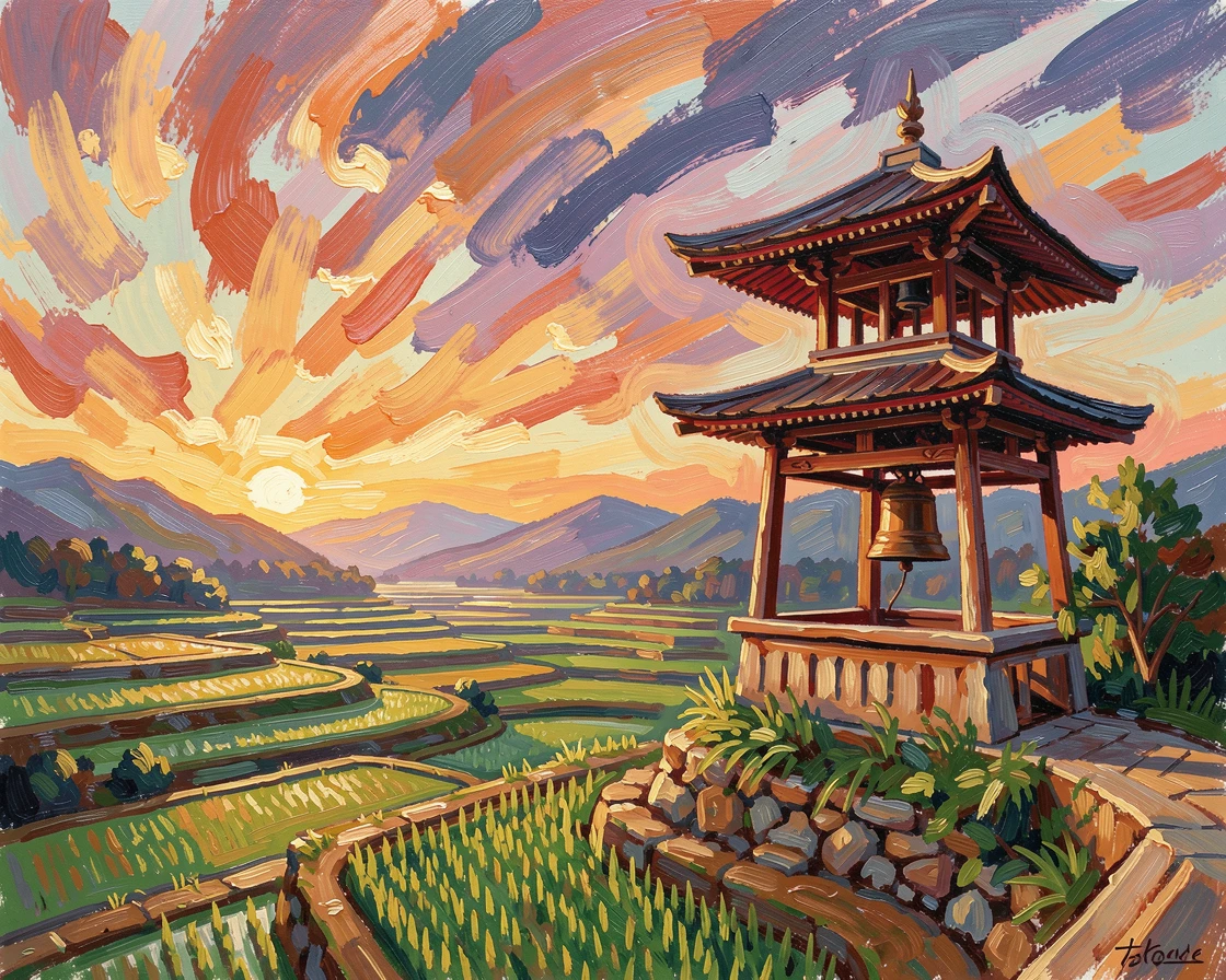A quiet Buddhist monastery bell tower overlooking terraced rice fields at sunrise.