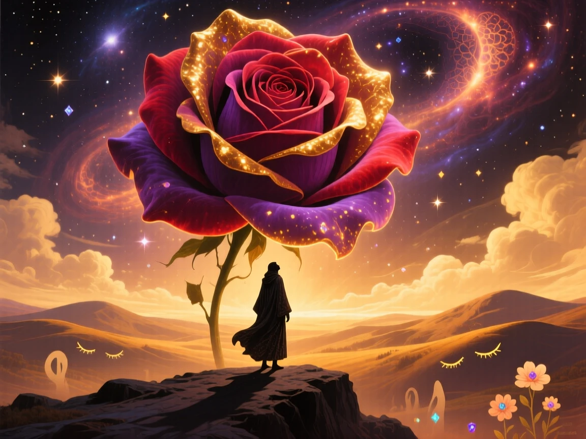 A nebula shaped like a blooming rose drifting through deep space illuminates a single figure standing in awe beneath it, as a soft golden light spills over distant sleeping hills.