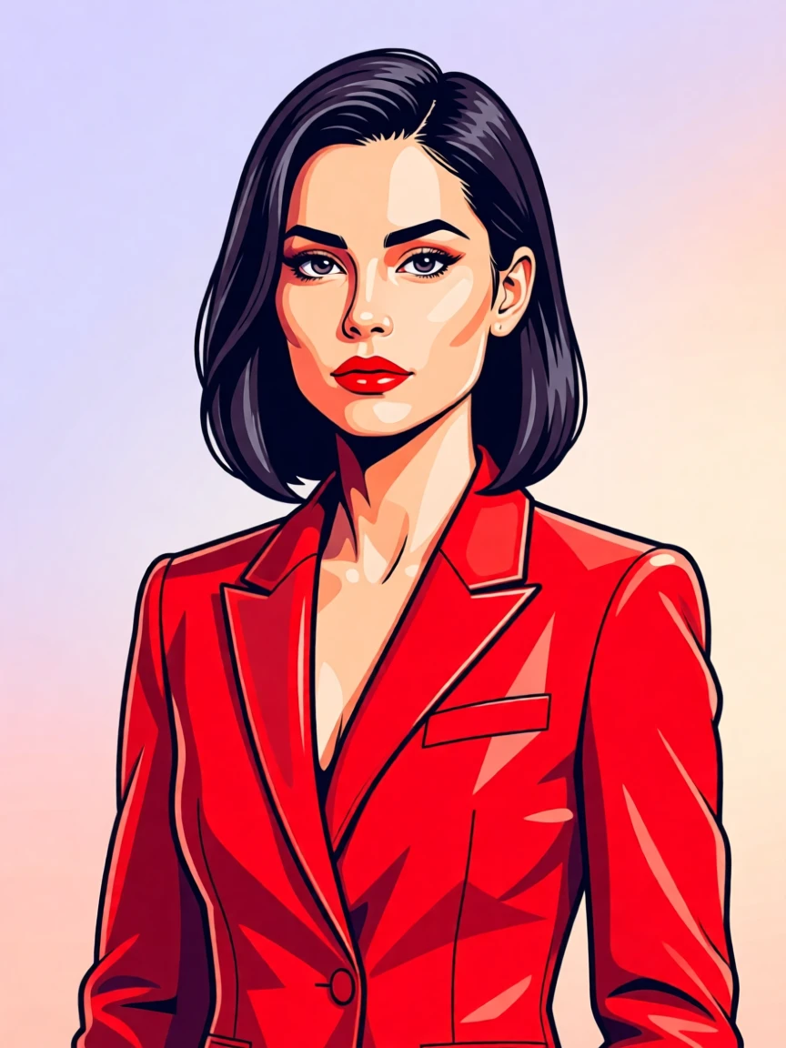 Illustration of a woman in a red blazer with bold features, set against a soft background, emphasizing vibrant colors and detailed artwork.