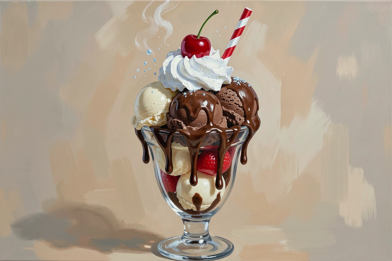 A towering ice cream sundae drips with hot fudge and whipped cream, a cherry perched on top beside a striped paper straw, steam or condensation visible in small details that suggest the dish was just prepared.