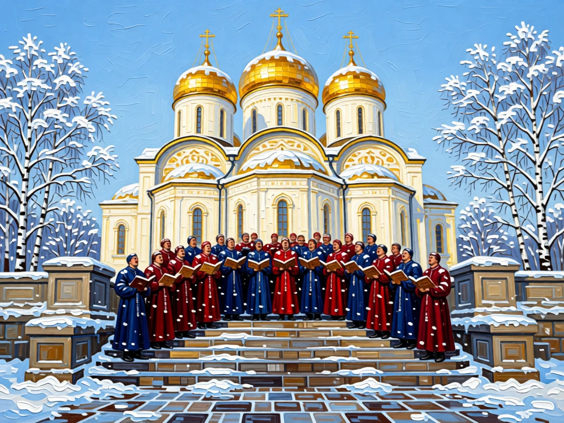 A Russian Orthodox choir singing beneath the golden domes of a snow-covered cathedral