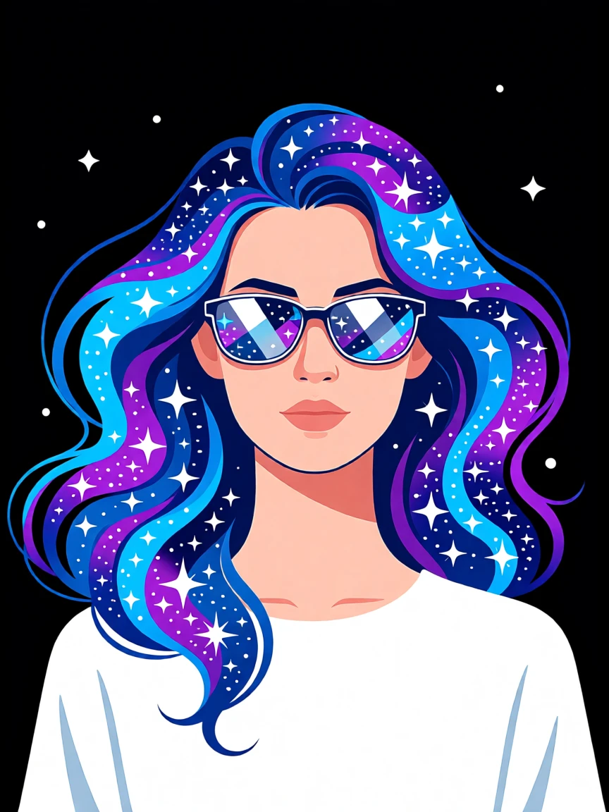 Stylized illustration of a woman with cosmic hair, wearing sunglasses and a white top against a black background.