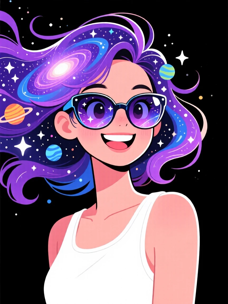 Stylized illustration of a woman with cosmic hair, wearing sunglasses and a white top against a black background.