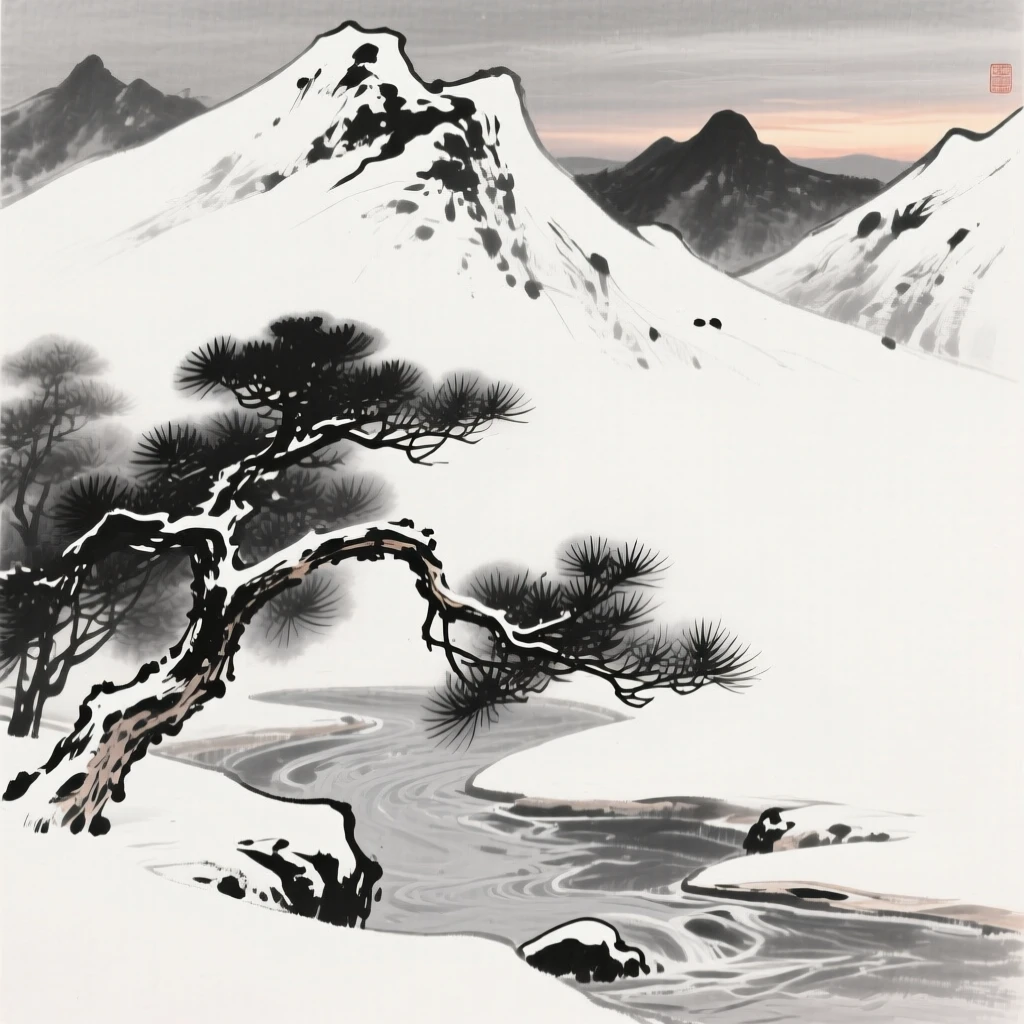 Snow-laden pine branches bend low over a frozen mountain stream, as the last light of day fades behind snow-covered peaks.