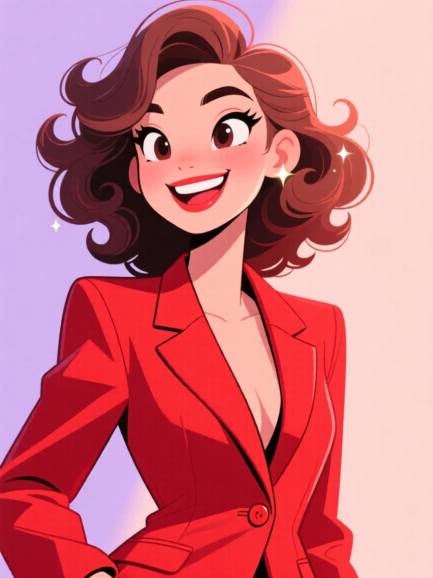 Illustration of a woman in a red blazer with bold features, set against a soft background, emphasizing vibrant colors and detailed artwork.