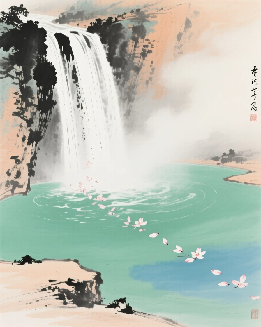 A cascading waterfall plunging into a deep emerald pool, where fallen petals drift slowly downstream, through a light drifting mist.