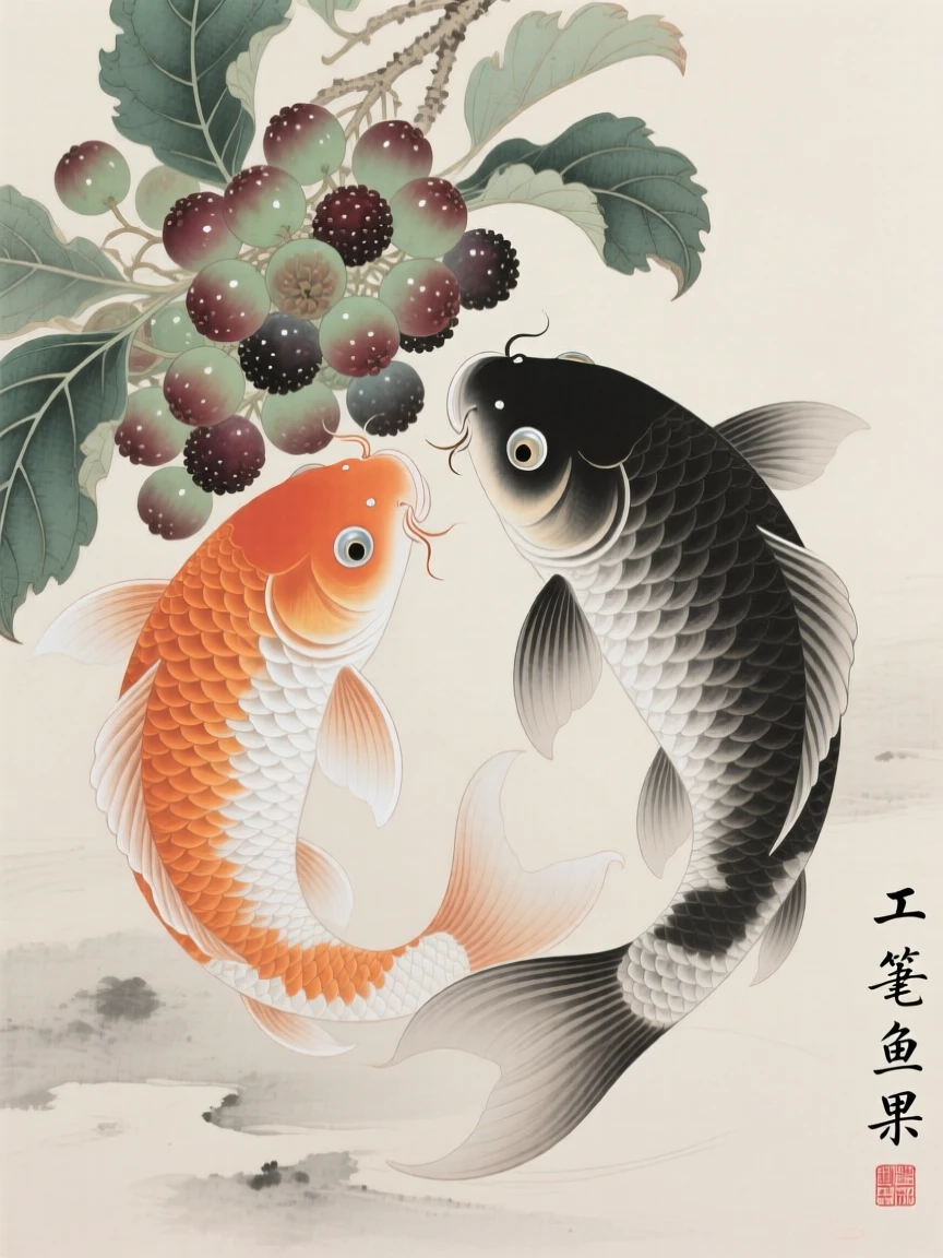 A pair of koi fish curled around a cluster of wild berries