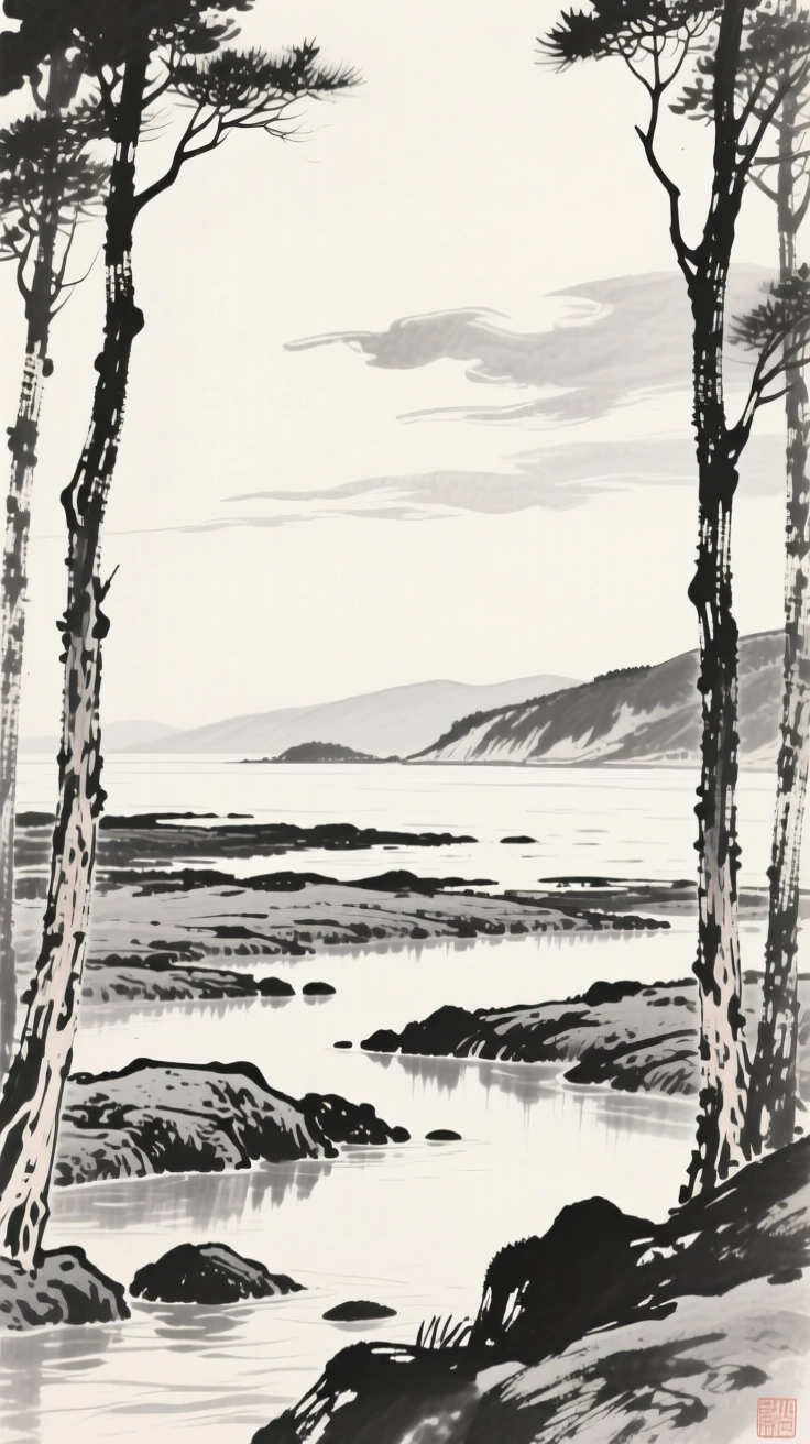 A tide pool coastline exposed at low water under a wide open sky scattered with drifting clouds, framed through a gap in the trees, revealing the valley beyond, suggesting the quiet vastness of the natural world.