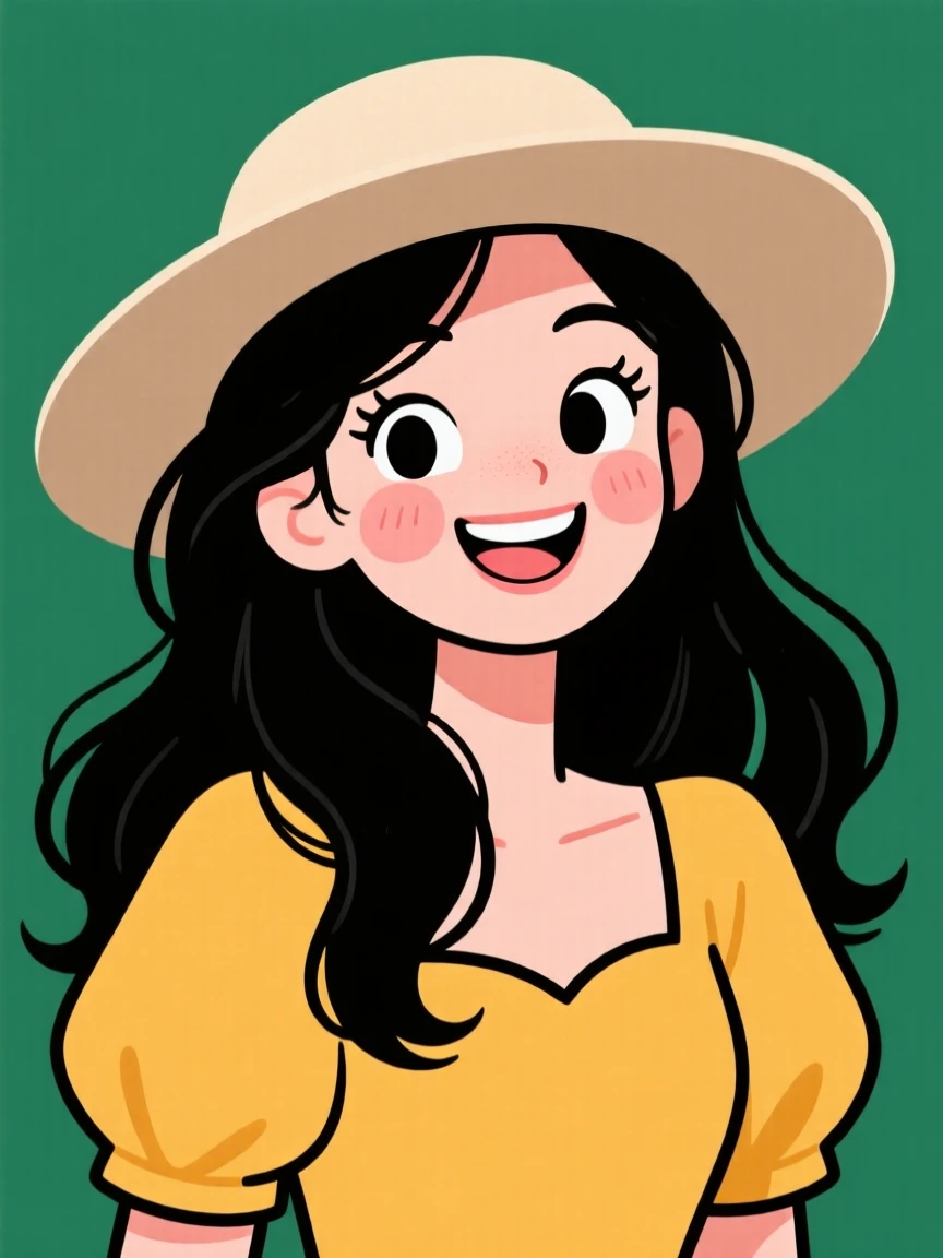 Minimalist illustration of a woman with long black hair, a beige hat, and a mustard-yellow top against a deep green background.