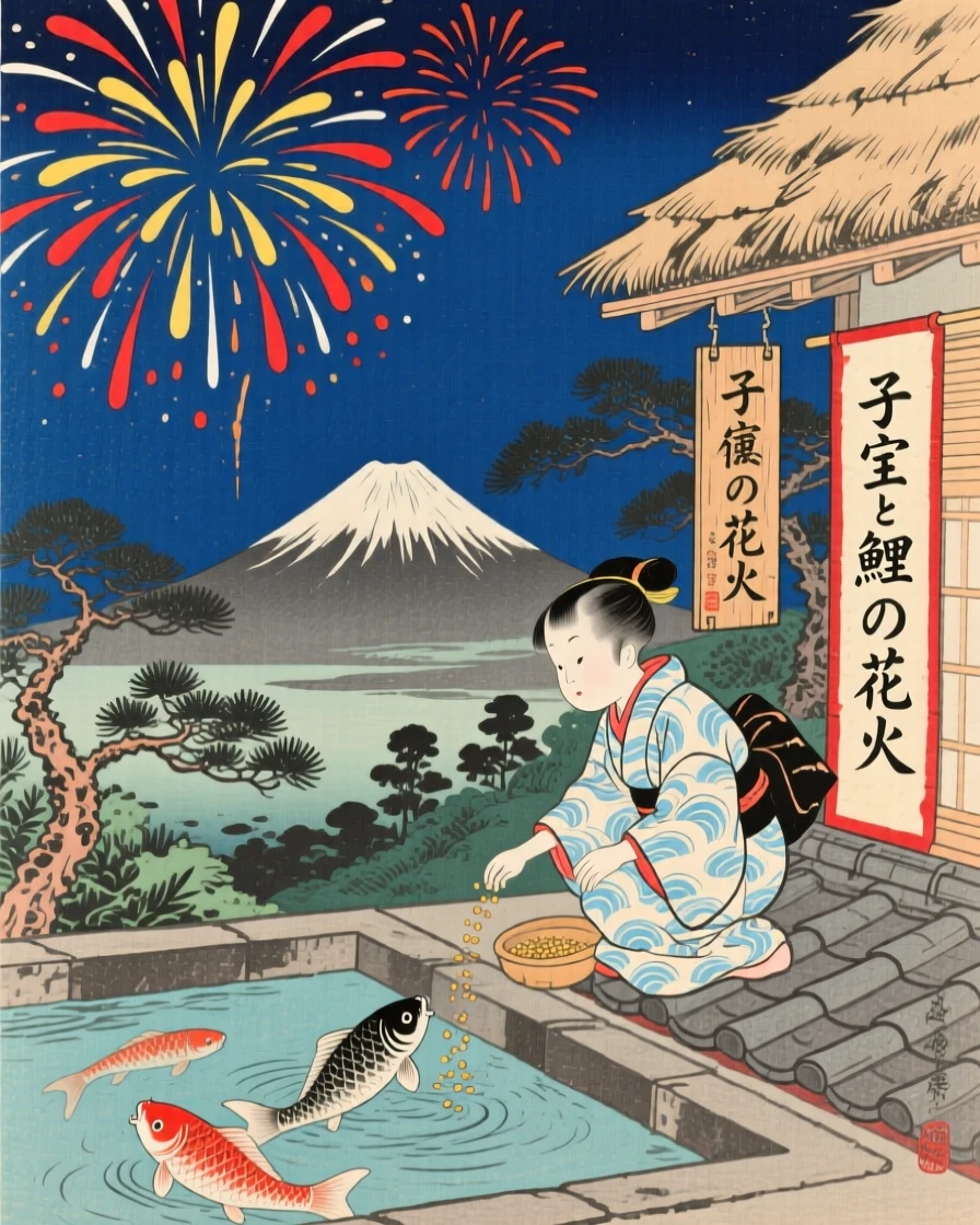 A child feeding koi watching fireworks together from a rooftop.