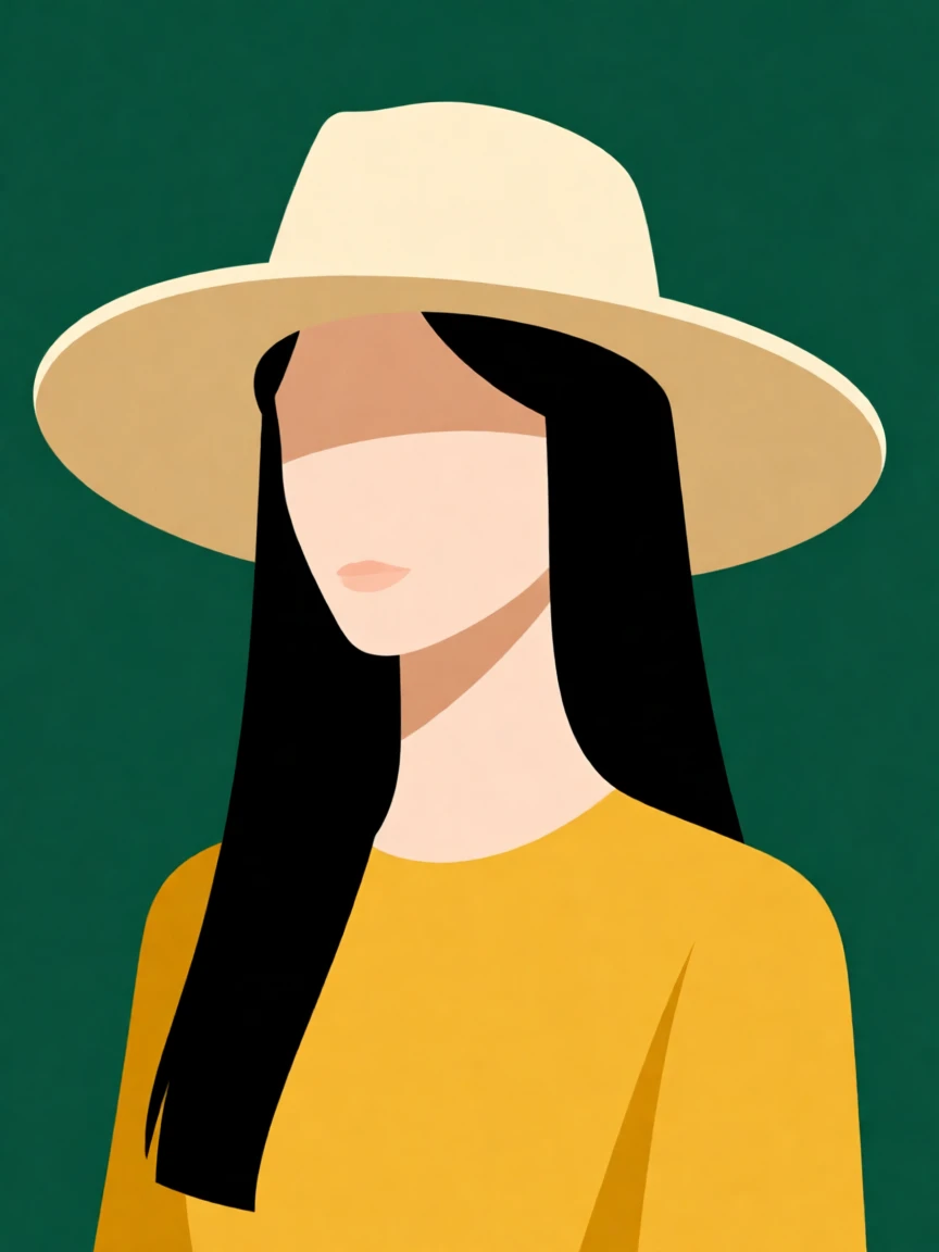 Minimalist illustration of a woman with long black hair, a beige hat, and a mustard-yellow top against a deep green background.