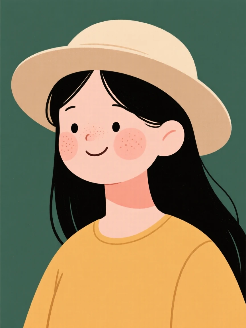 Minimalist illustration of a woman with long black hair, a beige hat, and a mustard-yellow top against a deep green background.