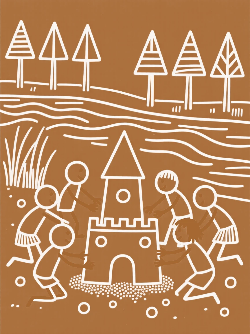 A group of children building a small sandcastle by a riverbank.
